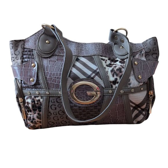 Vintage Gussachi Multi patterned Shoulder Bag in a leather&monogram canvas Purse - Picture 1 of 5